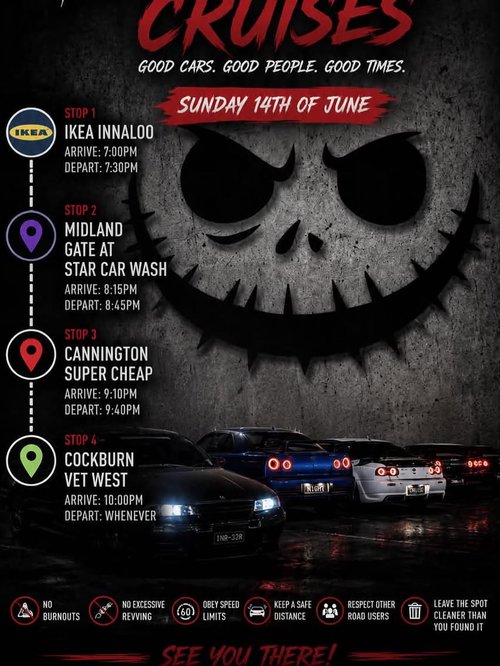 Nightmare Cruises — Muscle/JDM car meet in Perth, WA on Sunday 14 June 2026