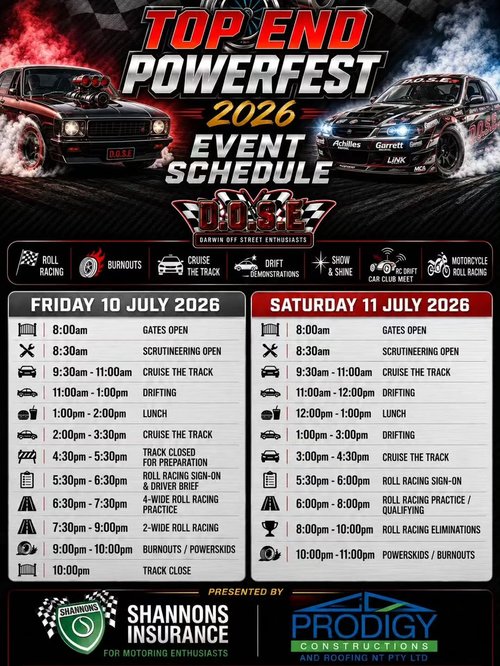 Top End Powerfest 2026 — JDM/Muscle spectator event in Darwin, NT on Friday 10 July 2026