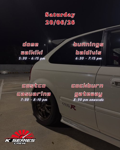 K Series Crew Meet & Cruise — JDM car meet in Perth, WA on Saturday 20 June 2026