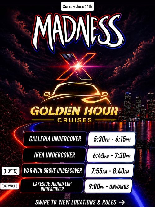 Madness X Golden Hour Cruises — Muscle car meet in Perth, WA on Sunday 14 June 2026