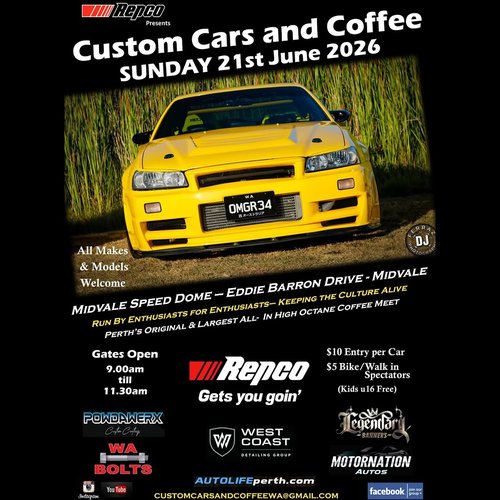 Custom Cars and Coffee — Muscle/JDM car meet in Perth, WA on Sunday 21 June 2026