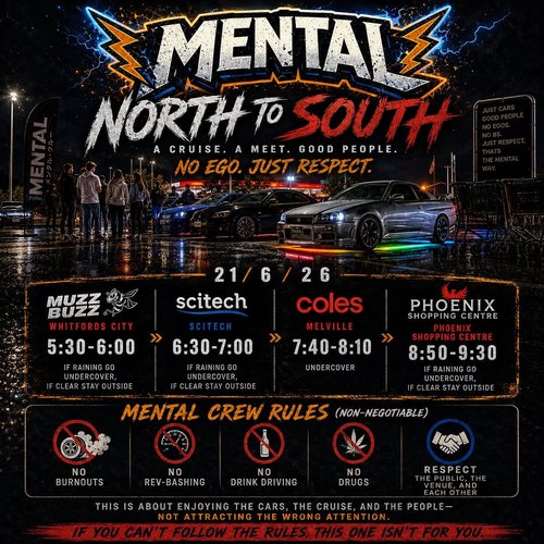 Mental North to South — JDM car meet in Perth, WA on Sunday 21 June 2026