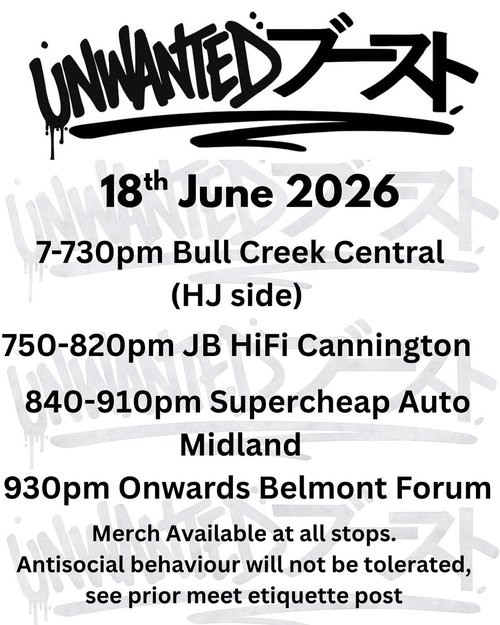 Unwanted Boost Multi-Stop Cruise — JDM car meet in Perth, WA on Thursday 18 June 2026