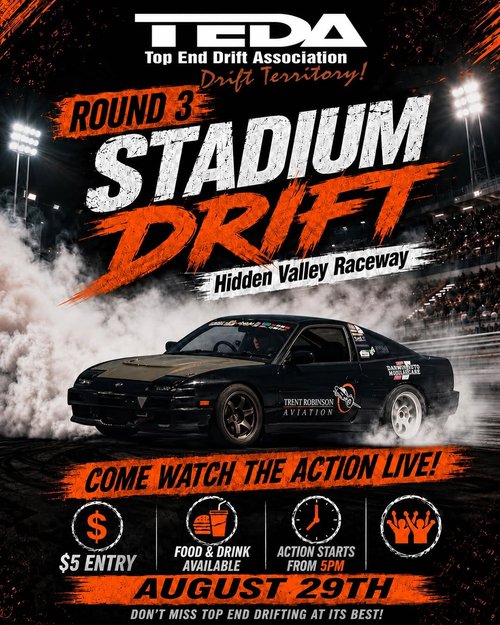 Stadium Drift Round 3 — JDM spectator event in Darwin, NT on Saturday 29 August 2026