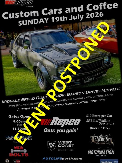 Custom Cars and Coffee — Muscle/Classic car meet in Perth, WA on Sunday 9 August 2026