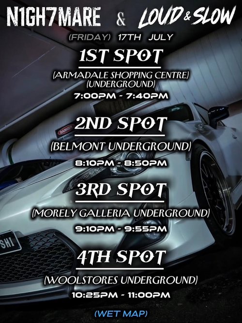 N1GH7MARE x LOUD & SLOW Friday Night Cruise — Stance/JDM car meet in Perth, WA on Friday 17 July 2026