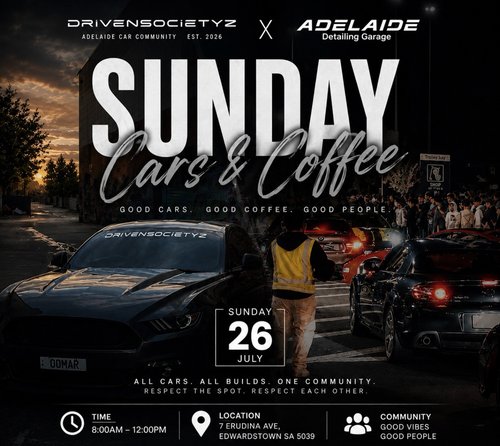 Sunday Cars & Coffee — JDM/Muscle car meet in Adelaide, SA on Sunday 26 July 2026