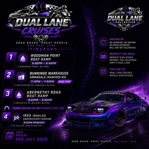 Dual Lane Cruises — JDM car meet in Perth, WA on Friday 3 July 2026
