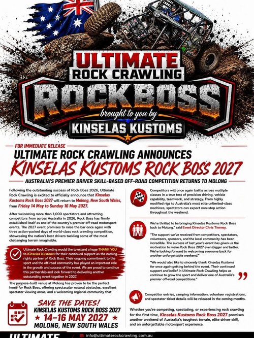 Kinselas Kustoms Rock Boss 2027 — 4x4 spectator event in Sydney, NSW on Friday 14 May 2027