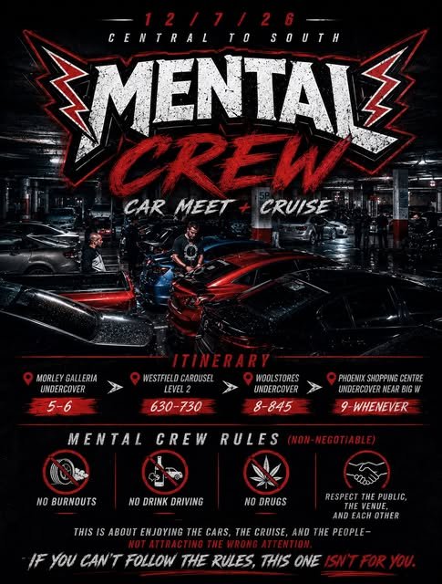 Mental Crew Car Meet + Cruise — Stance car meet in Perth, WA on Sunday 12 July 2026