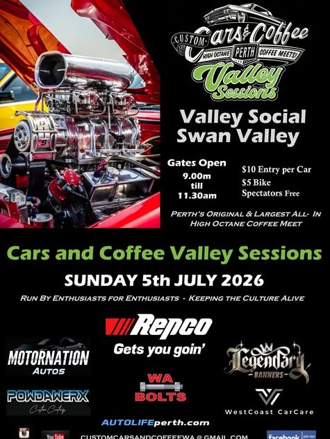 Cars and Coffee Valley Sessions — Muscle/Classic car meet in Perth, WA on Sunday 5 July 2026