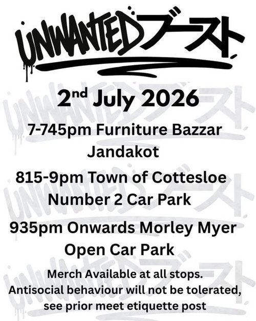 Unwanted Boost Cruise — JDM car meet in Perth, WA on Thursday 2 July 2026