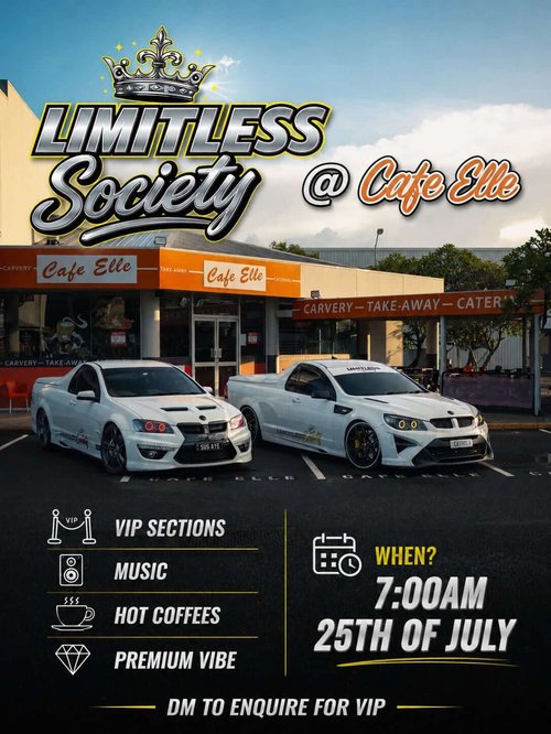 Limitless Society @ Cafe Elle — Muscle/JDM car meet in Brisbane, QLD on Saturday 25 July 2026