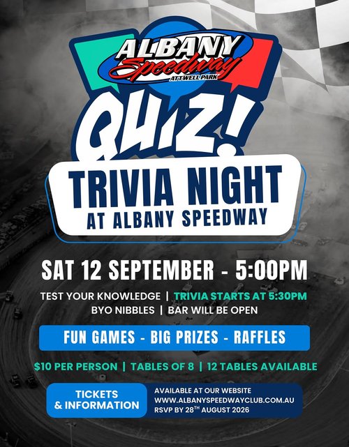 Albany Speedway Trivia Night — Muscle car meet in Perth, WA on Saturday 12 September 2026