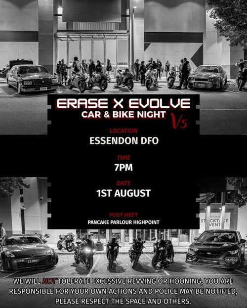 Erase x Evolve Car & Bike Night V5 — JDM car meet in Melbourne, VIC on Saturday 1 August 2026