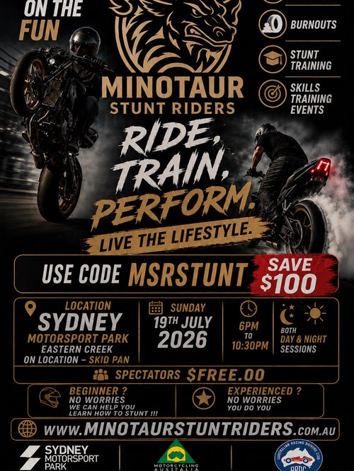 Minotaur Stunt Riders: Ride, Train, Perform — track day in Sydney, NSW on Sunday 19 July 2026