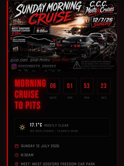 Sunday Morning Cruise — JDM car meet in Central Coast, NSW on Sunday 12 July 2026