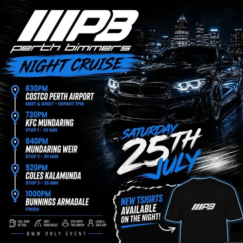 Perth Bimmers Night Cruise — Euro car meet in Perth, WA on Saturday 25 July 2026