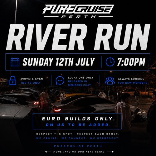 River Run — Euro car meet in Perth, WA on Sunday 12 July 2026