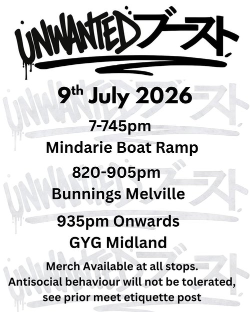 Unwanted Boost Cruise — JDM car meet in Perth, WA on Thursday 9 July 2026