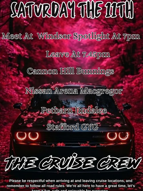 The Cruise Crew Saturday Night Cruise — JDM/Muscle car meet in Brisbane, QLD on Saturday 11 July 2026