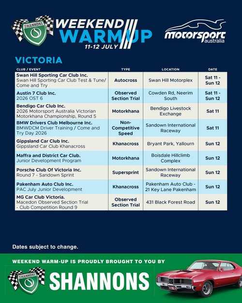 Victorian Motorkhana Championship Round 5 — track day in Bendigo, VIC on Saturday 11 July 2026