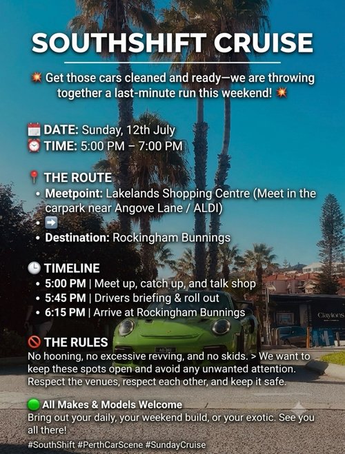 SouthShift Cruise — Exotic car meet in Perth, WA on Sunday 12 July 2026