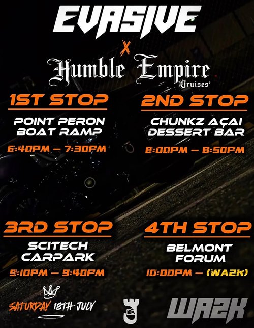 Evasive x Humble Empire x WA2K Cruise — JDM car meet in Perth, WA on Saturday 18 July 2026