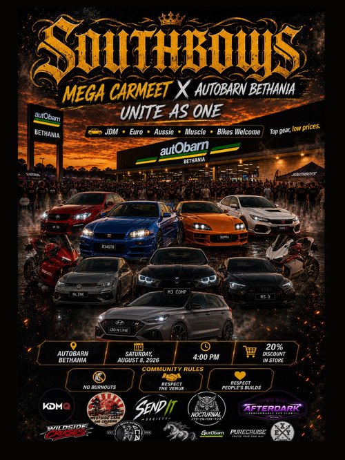Southboys Mega Carmeet x Autobarn Bethania — JDM/Euro car meet in Brisbane, QLD on Saturday 8 August 2026