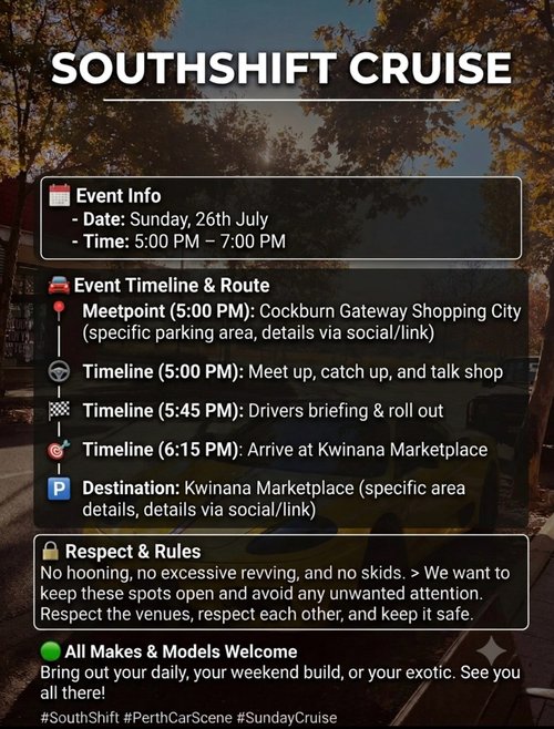 Southshift Cruise — car meet in Perth, WA on Sunday 26 July 2026