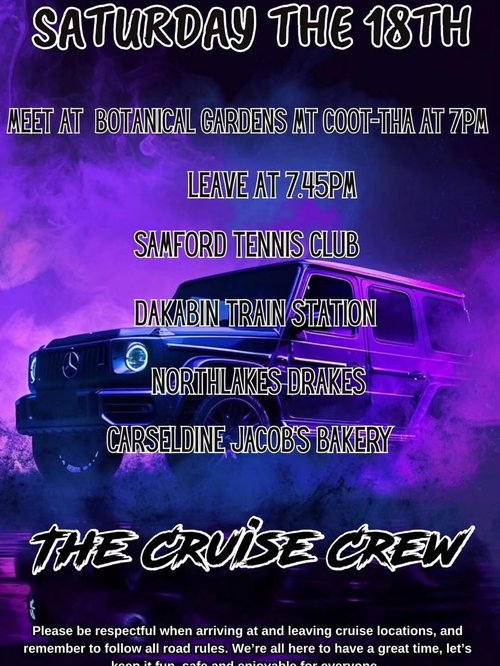 The Cruise Crew Saturday Night Cruise — JDM car meet in Brisbane, QLD on Saturday 18 July 2026