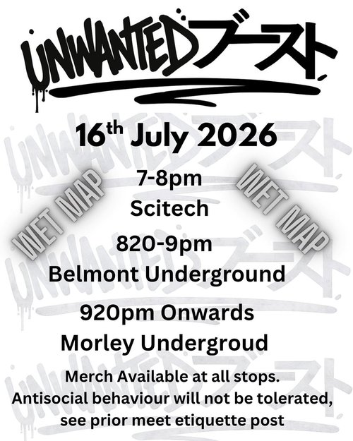 Unwanted Boost Wet Map Cruise — JDM car meet in Perth, WA on Thursday 16 July 2026