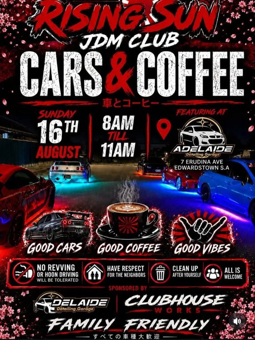 Rising Sun JDM Club Cars & Coffee — JDM car meet in Adelaide, SA on Sunday 16 August 2026