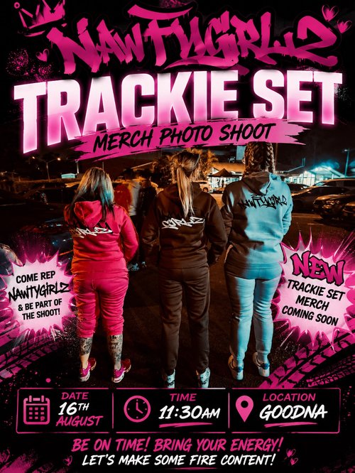 Nawtygirlz Trackie Set Merch Photo Shoot — car meet in Brisbane, QLD on Sunday 16 August 2026