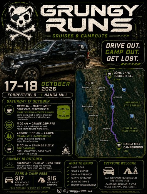Grungy Runs Cruises & Campouts — 4x4 car meet in Perth, WA on Saturday 17 October 2026