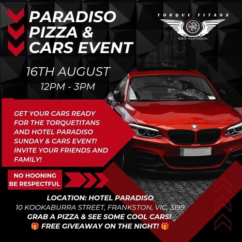 Paradiso Pizza & Cars Event — Euro car meet in Melbourne, VIC on Sunday 16 August 2026