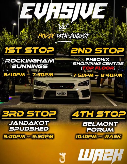 Evasive x WA2K South to Central Meet — JDM car meet in Perth, WA on Friday 14 August 2026