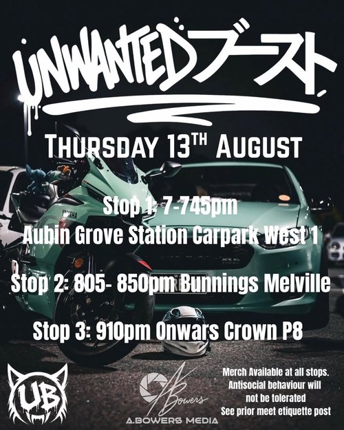 Unwanted Boost Cruise — JDM car meet in Perth, WA on Thursday 13 August 2026