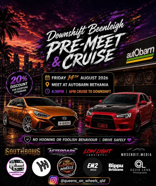 Downshift Beenleigh Pre-Meet & Cruise — JDM/Muscle car meet in Brisbane, QLD on Friday 14 August 2026