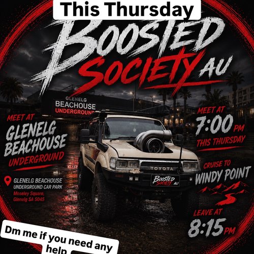 Boosted Society Surprise Meet & Cruise — JDM/4x4 car meet in Adelaide, SA on Thursday 23 July 2026