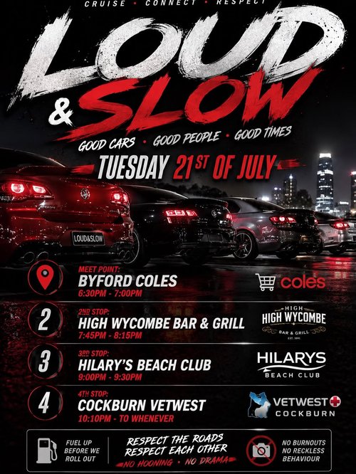 Loud & Slow Perth Cruise — Stance/Muscle car meet in Perth, WA on Tuesday 21 July 2026
