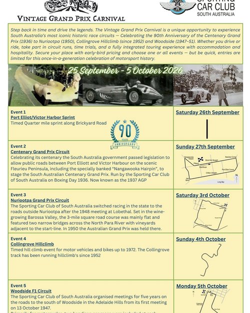 Vintage Grand Prix Carnival — Classic spectator event in Adelaide, SA on Friday 25 September 2026