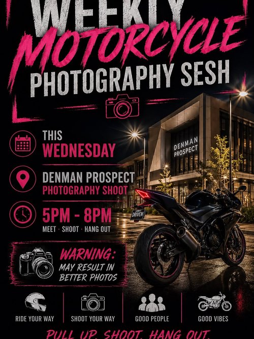 Weekly Motorcycle Photography Sesh — car meet in Canberra, NSW on Wednesday 22 July 2026