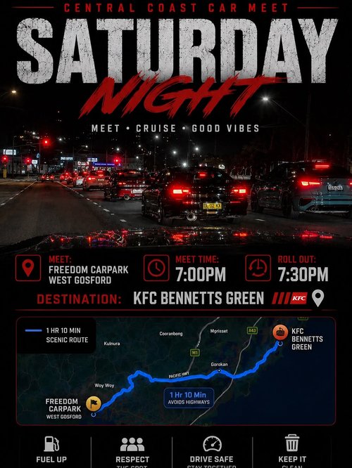 Central Coast Car Meet Saturday Night Cruise — JDM/Euro car meet in Central Coast, NSW on Saturday 25 July 2026