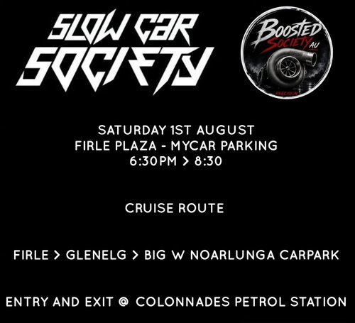 Slow Car Society x Boosted Society AU Collaboration Cruise — Stance/JDM car meet in Adelaide, SA on Saturday 1 August 2026