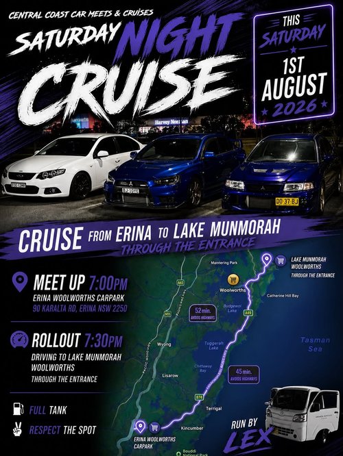 Saturday Night Cruise — JDM/Euro car meet in Central Coast, NSW on Saturday 1 August 2026