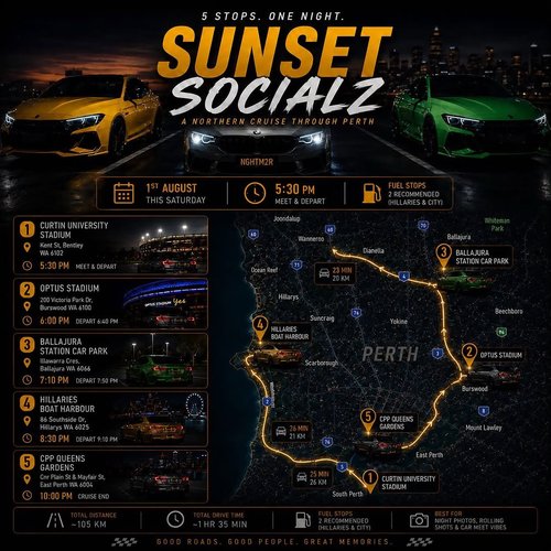 Sunset Socialz: A Northern Cruise Through Perth — car meet in Perth, WA on Saturday 1 August 2026