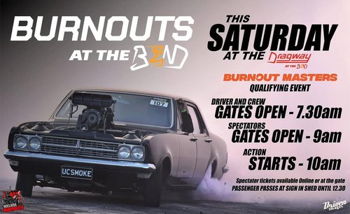 Burnouts at The Bend — Muscle spectator event in Adelaide, SA on Saturday 15 August 2026