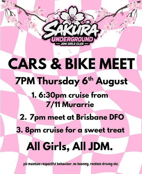 Cars & Bike Meet — JDM car meet in Brisbane, QLD on Thursday 6 August 2026