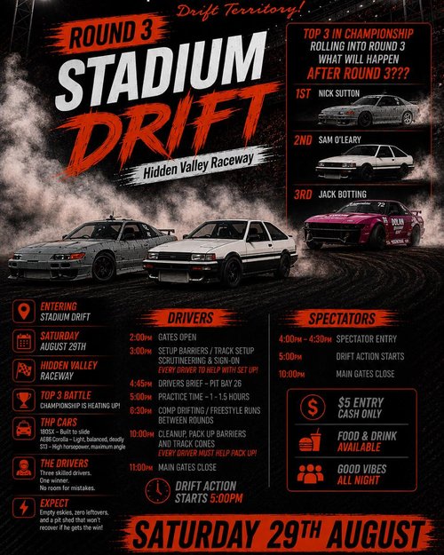 Stadium Drift Round 3 — JDM spectator event in Darwin, NT on Saturday 29 August 2026
